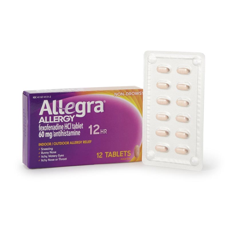Allegra allergy medication packaging with tablets on a white background
