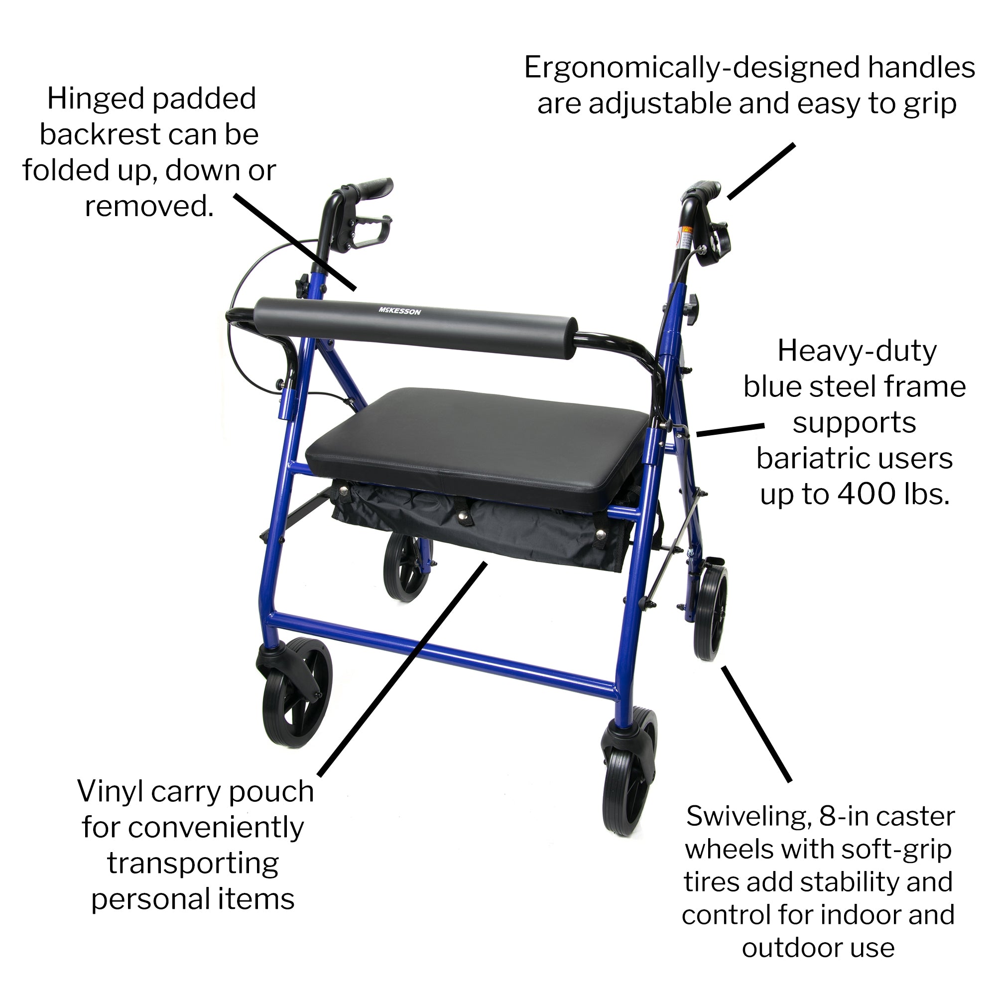 McKesson Bariatric Folding Four-Wheel Rollator, Blue