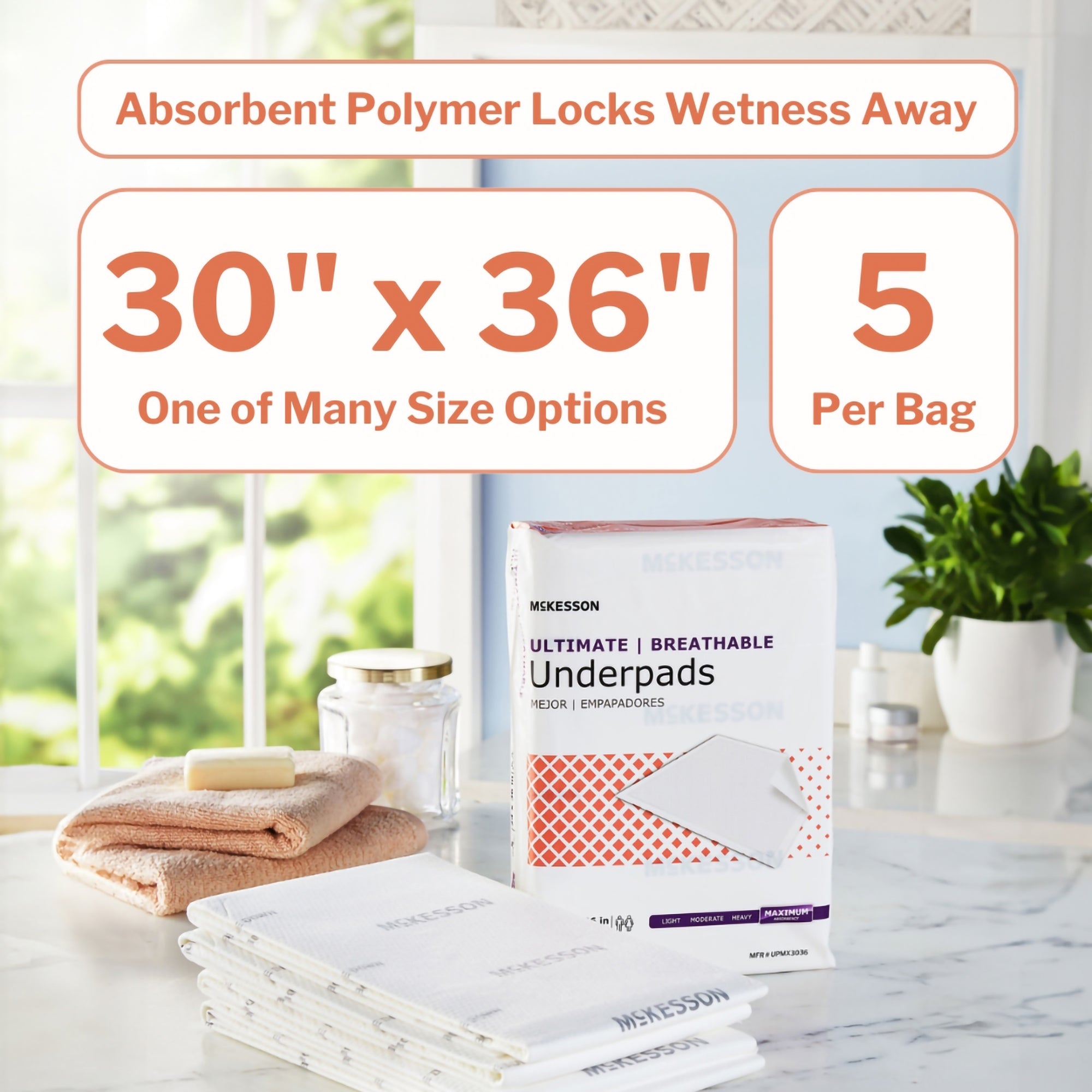 McKesson Ultimate Breathable Underpads, Heavy Absorbency, 30 x 36 Inch, White