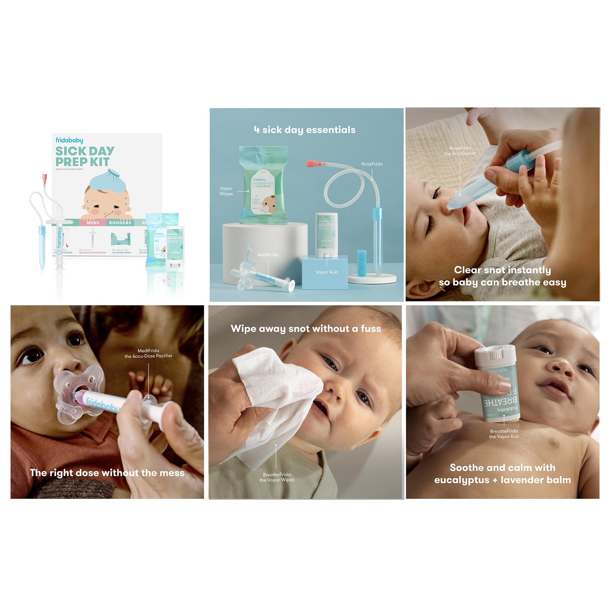 frida baby Sick Day Prep Kit, NoseFrida + Filters, Accu-Dose, Wipes & Vapor Rub