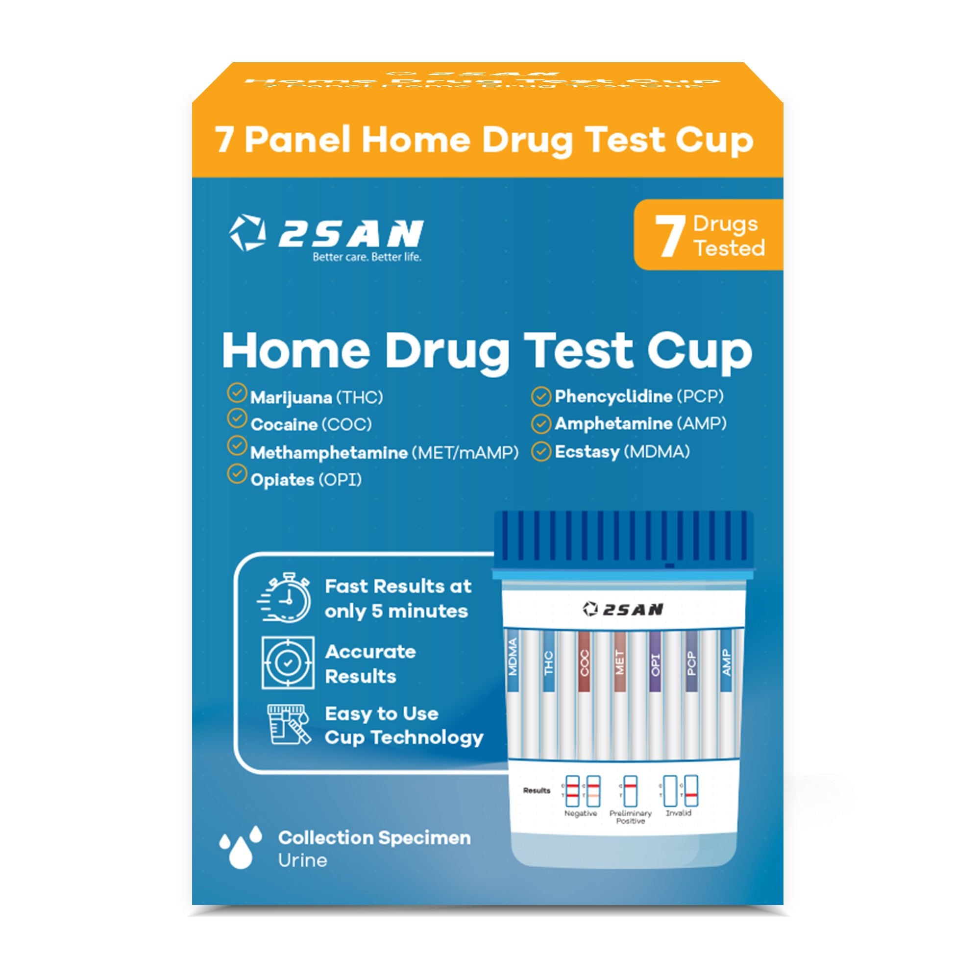 Drugs of Abuse Test Kit 2San AMP, COC, mAMP/MET, MDMA, OPI, PCP, THC 1 per Kit (18 Kits per Case) CLIA Waived