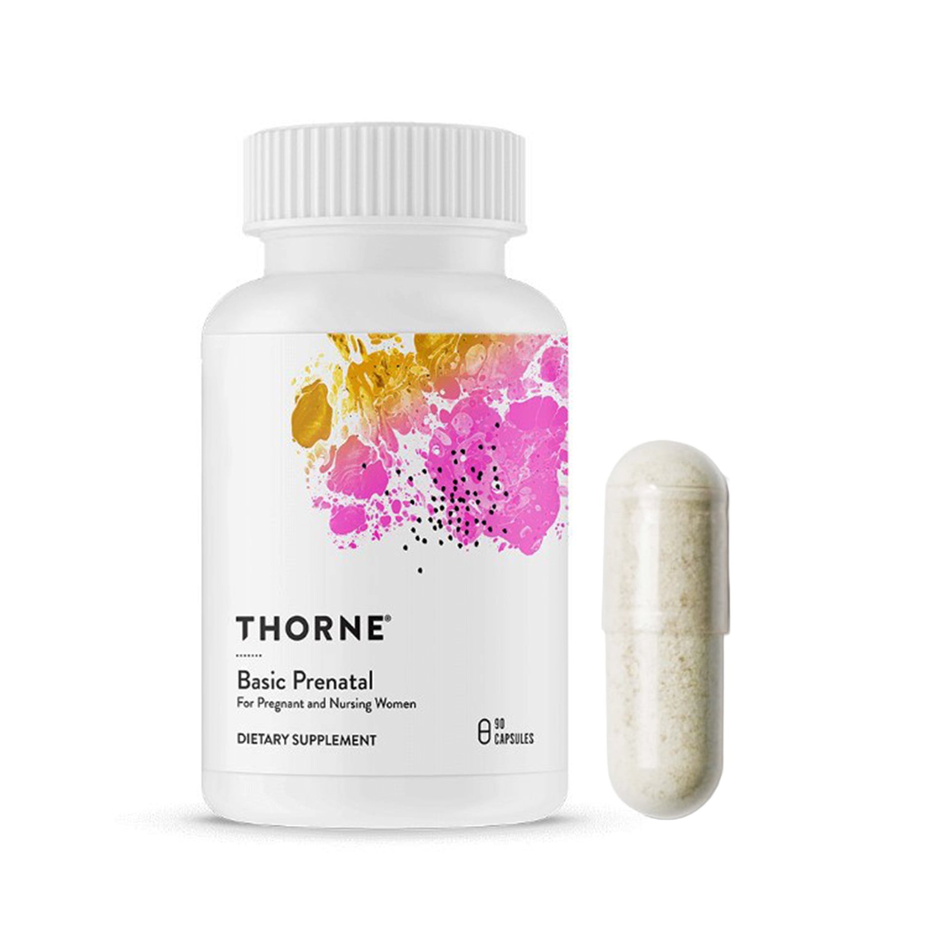 Thorne Basic Prenatal dietary supplement bottle on a white background