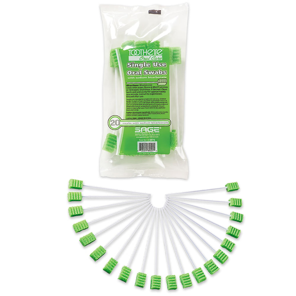 Toothette Plus Oral Swabsticks Foam Tip, Green, 6 Inch, Individually Wrapped — Pack of 20