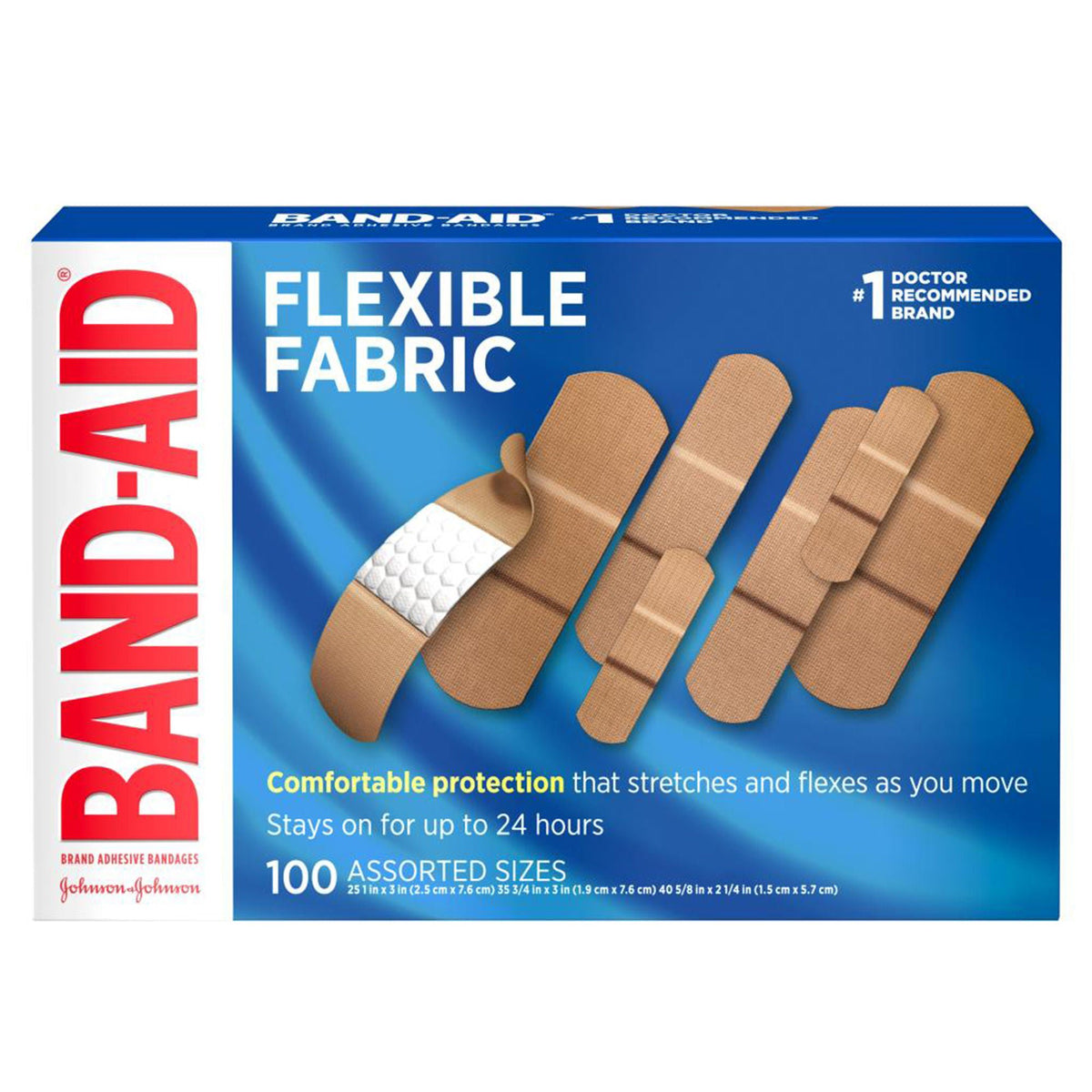 Band-Aid® Flexible Fabric Adhesive Bandages Assorted Sizes — Box of 100