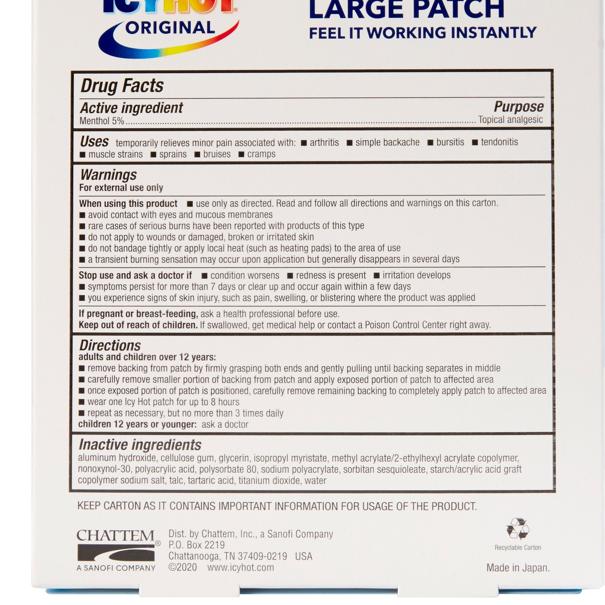 Icy Hot Original Pain Relief Patches, Large