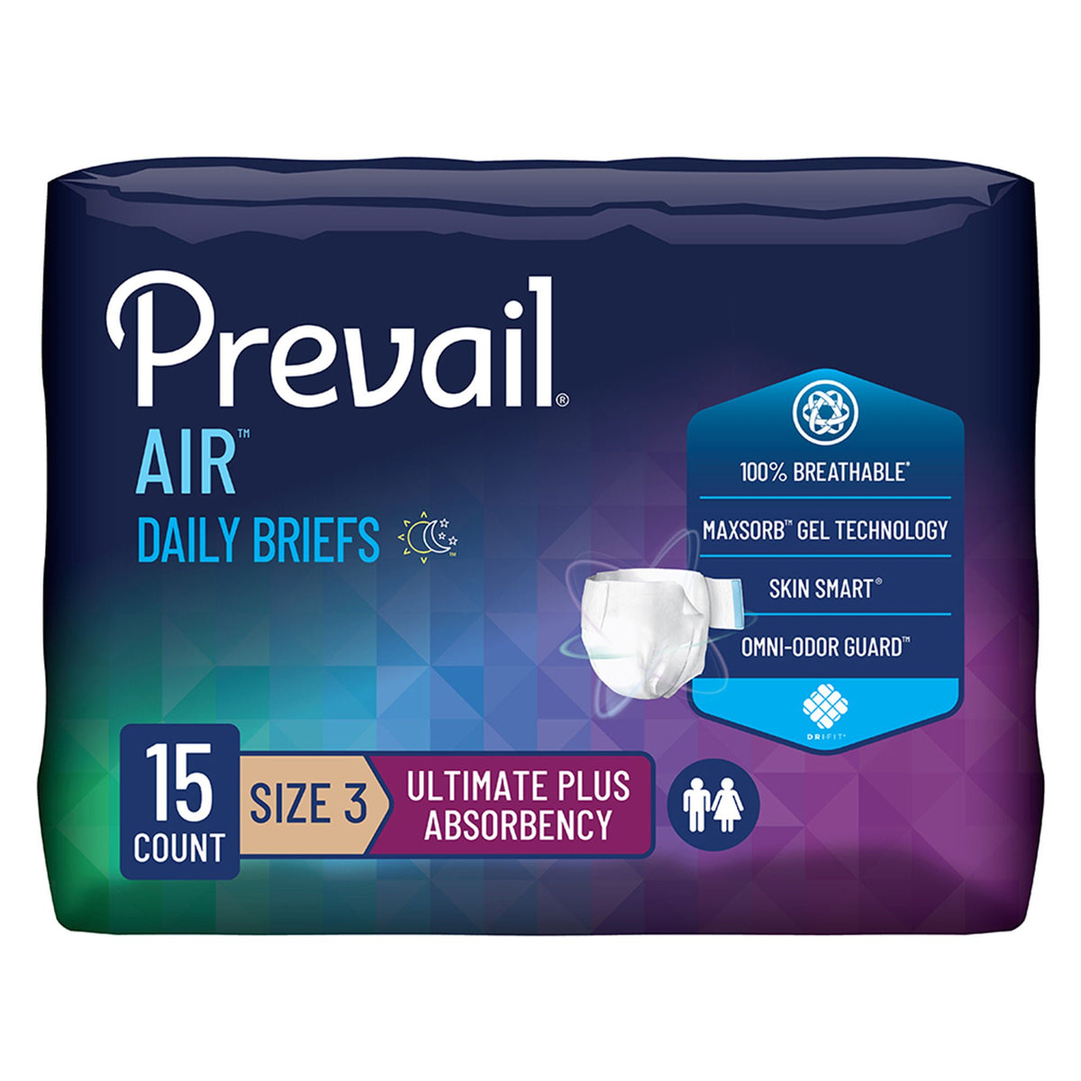 Prevail Air™ Stretchable Ultimate Plus Absorbency Briefs, Size 3 — Bag of 15