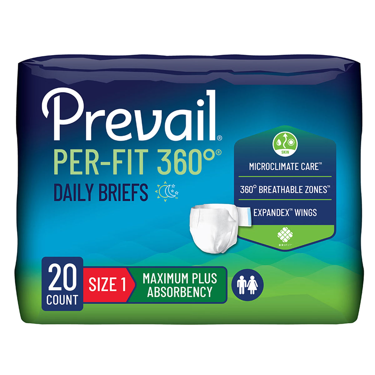 Prevail® Per-Fit 360°™ Daily Briefs, Maximum Plus, Size 1 — Pack of 20