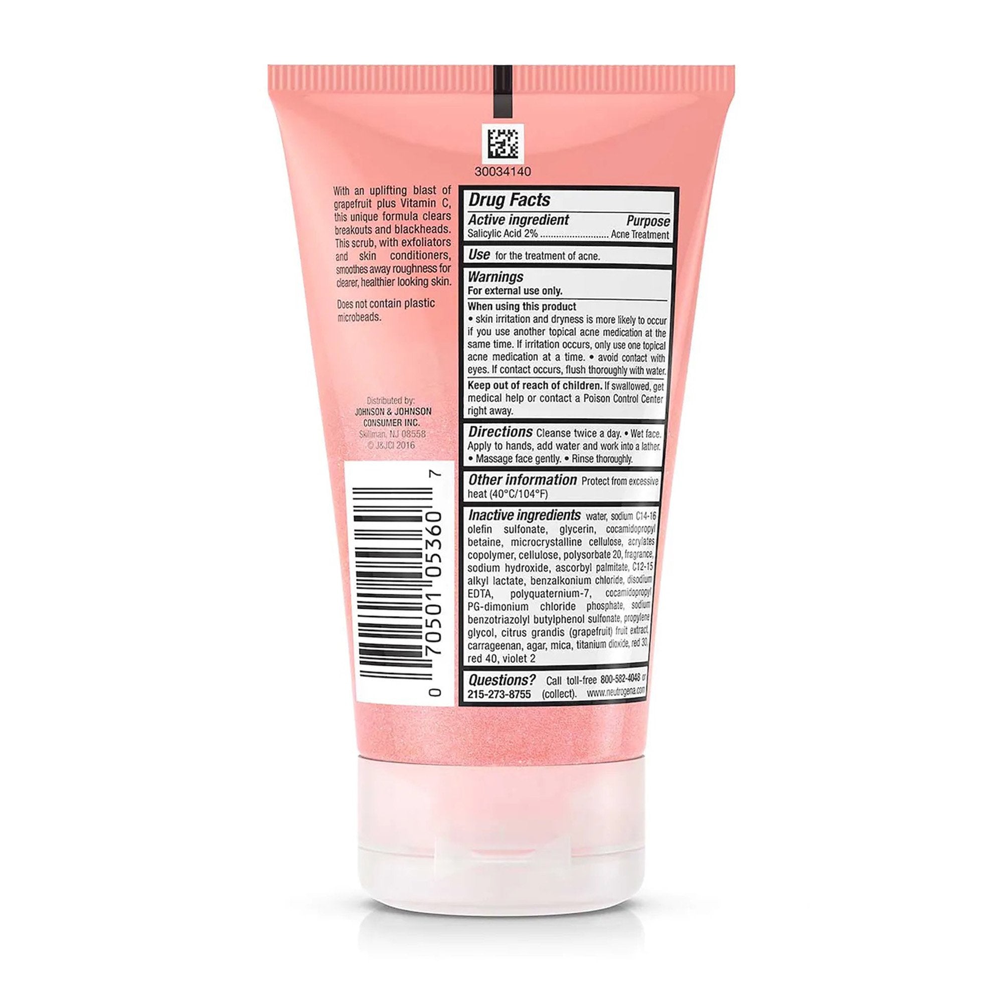 Neutrogena Oil-Free Acne Wash Pink Grapefruit Foaming Scrub, 4.2-ounce Tube
