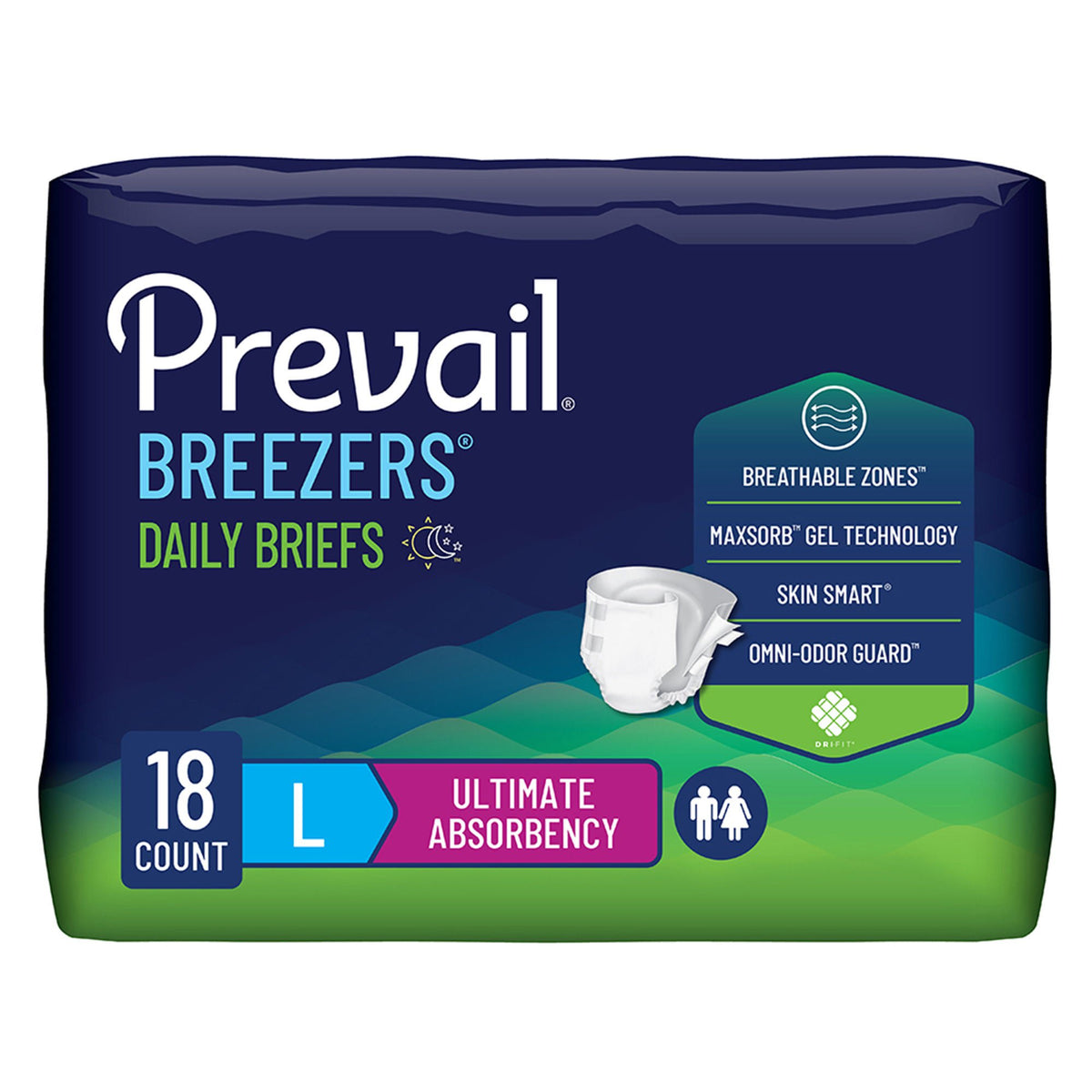 Prevail® Breezers® Ultimate Absorbency Incontinence Briefs, Large — Pack of 18