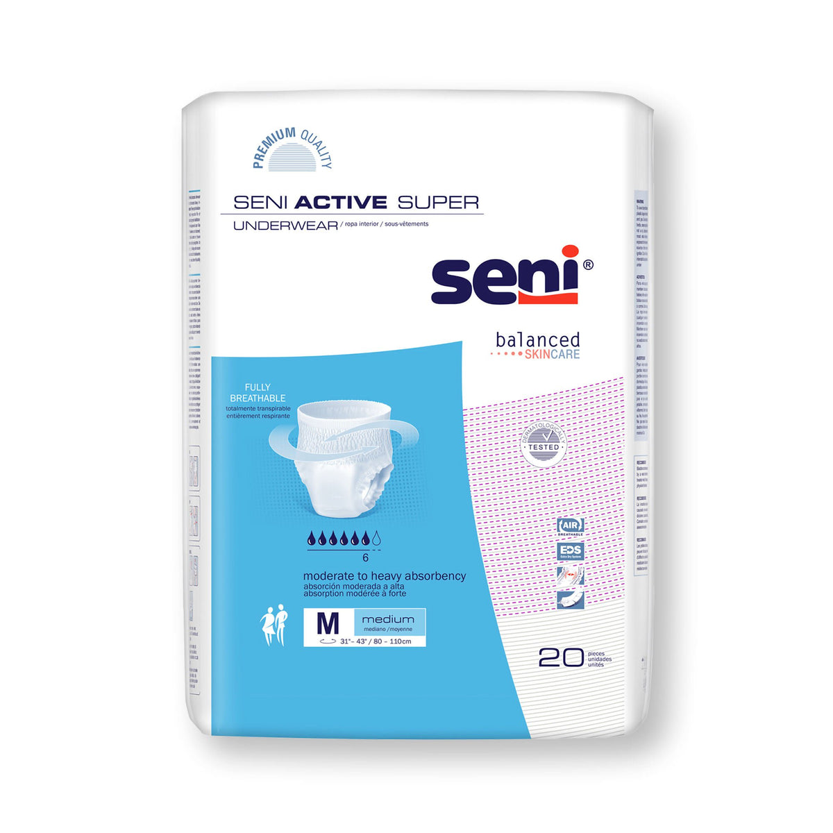 Seni® Active Super Moderate to Heavy Absorbent Underwear, Medium — Pack of 20