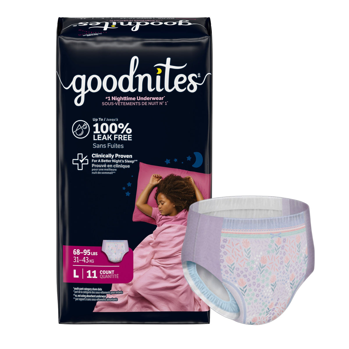 GoodNites® Night Time Underwear, Large for Girls weighing 68 – 95 lbs. — Pack of 11