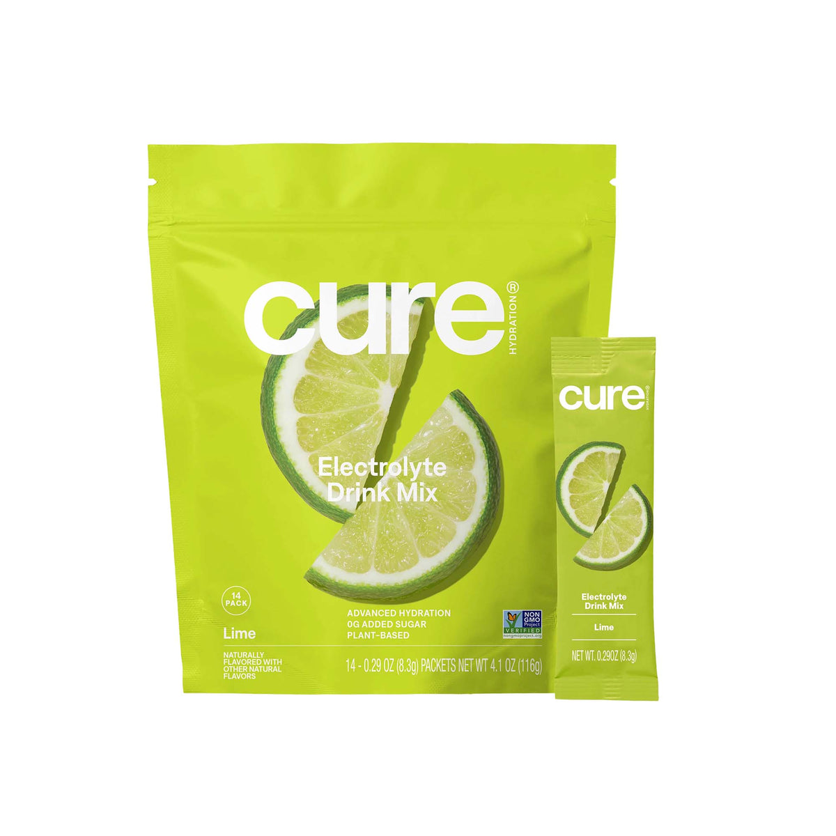 Cure Electrolyte Drink Mix made with Coconut Water, Lime, 7.7-gram Packets — Pack of 14