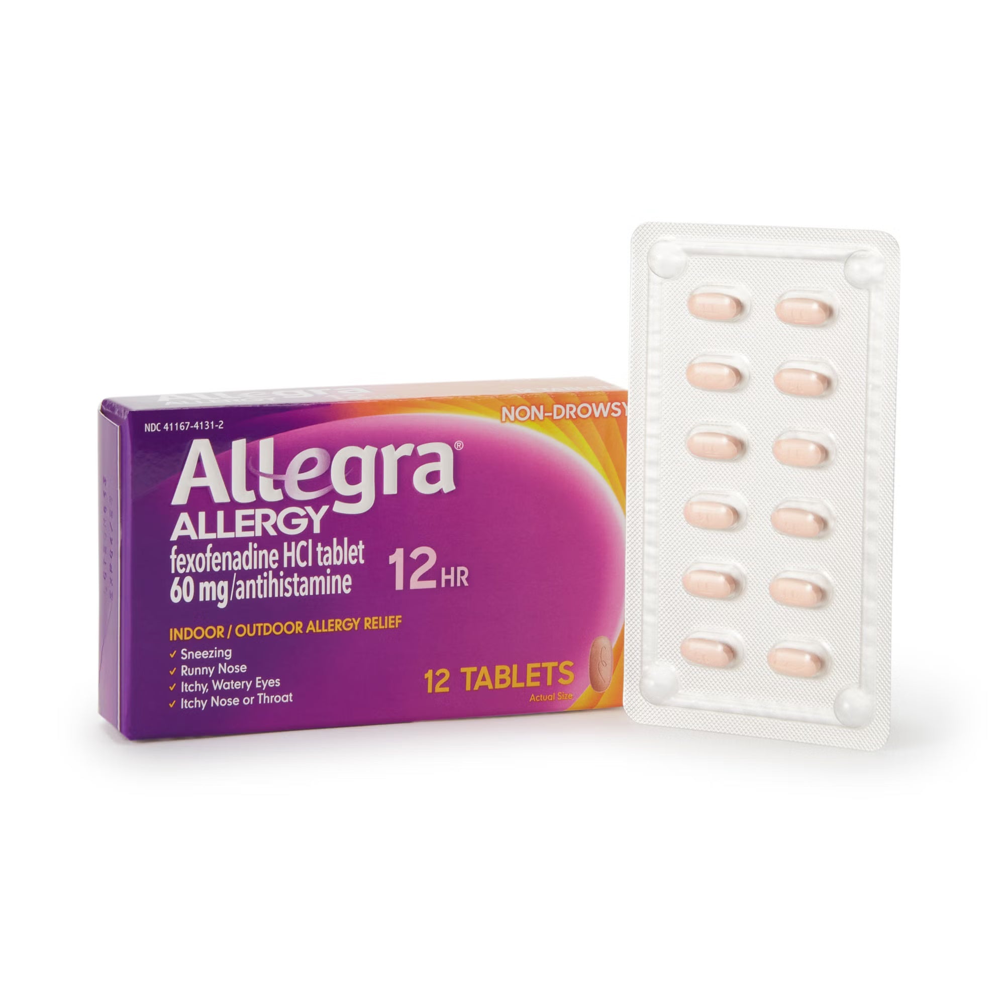 Allegra allergy medication packaging with tablets on a white background