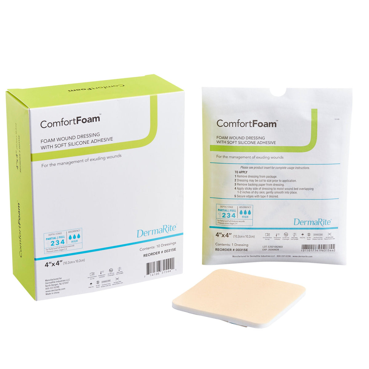 ComfortFoam™ Silicone Adhesive without Border Silicone Foam Dressing, 4 x 4 Inch — Box of 10