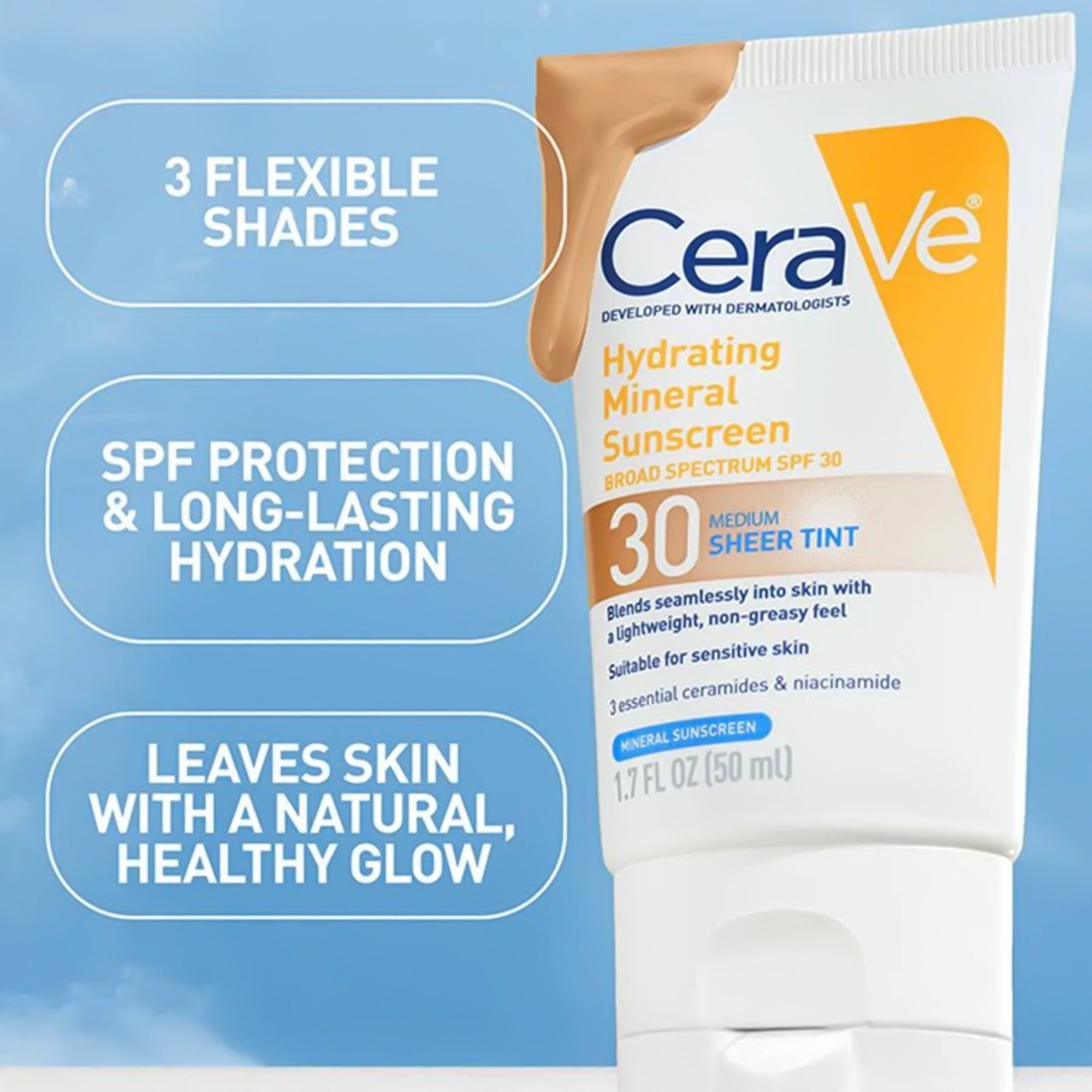 CeraVe Hydrating Mineral Sunscreen Medium Sheer Tint, SPF 30, 1.7-ounce Tube