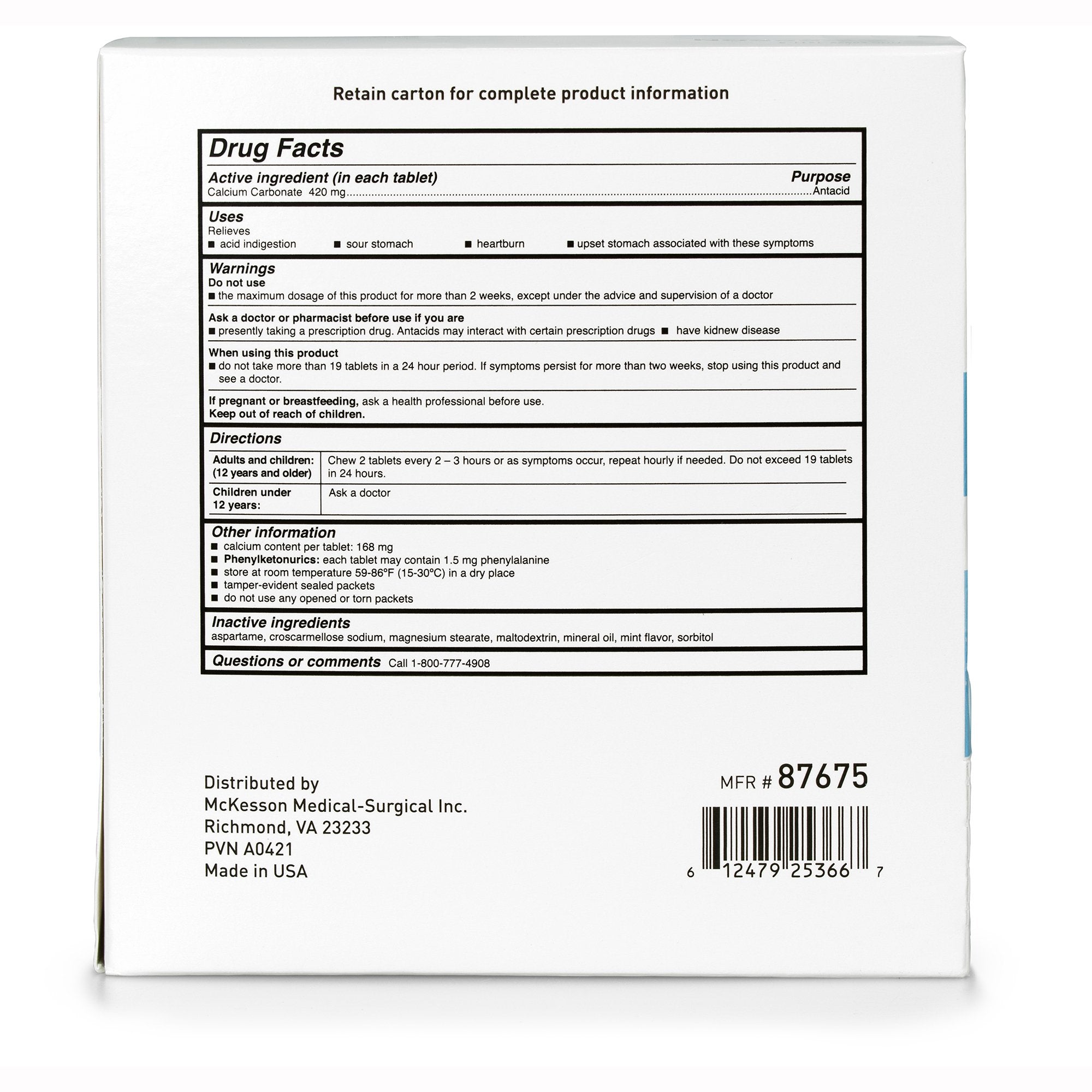 McKesson Calcium Carbonate Antacid Tablets, Mint Flavor