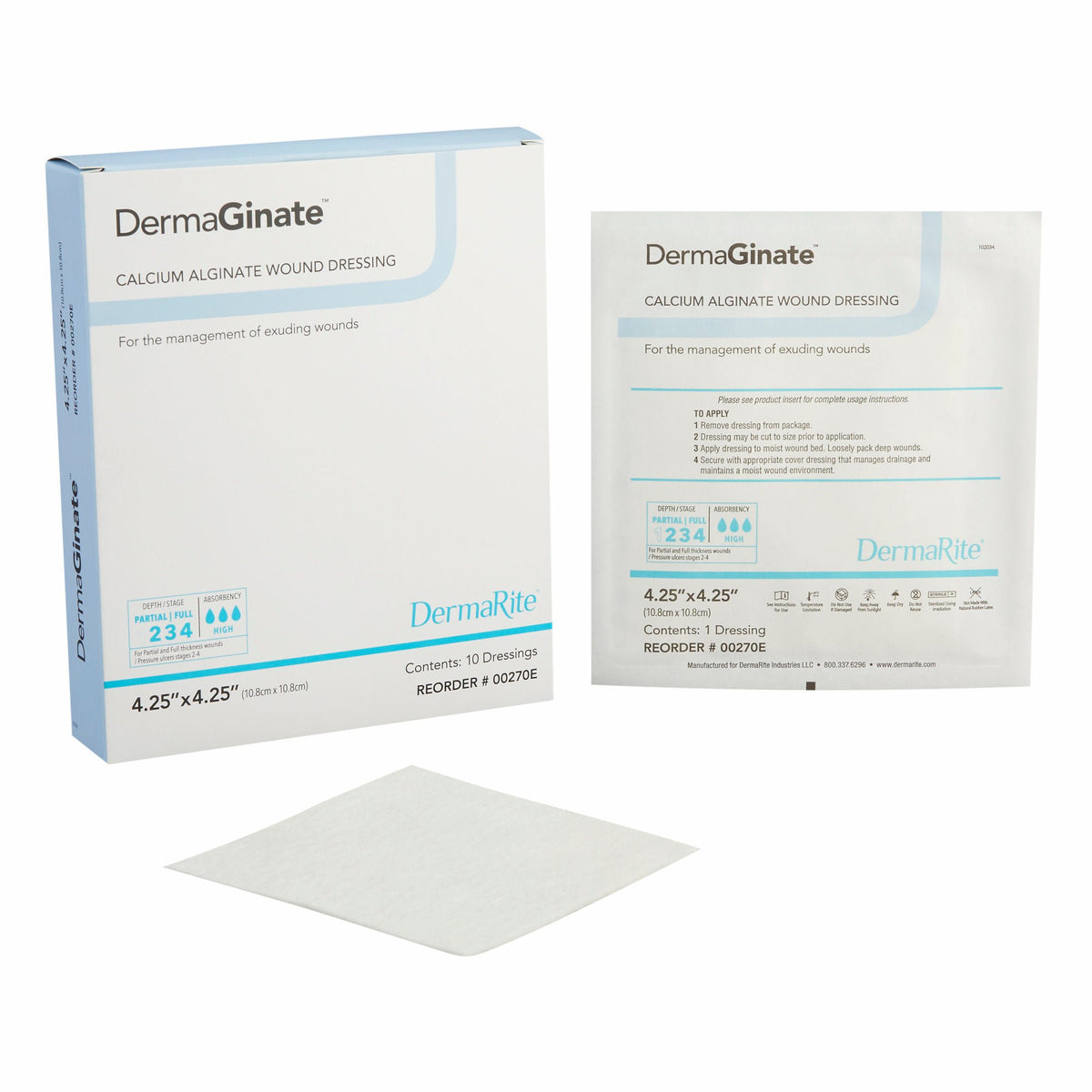 DermaGinate® Alginate Dressing, 4-1/4 x 4-1/4 Inch — Box of 10