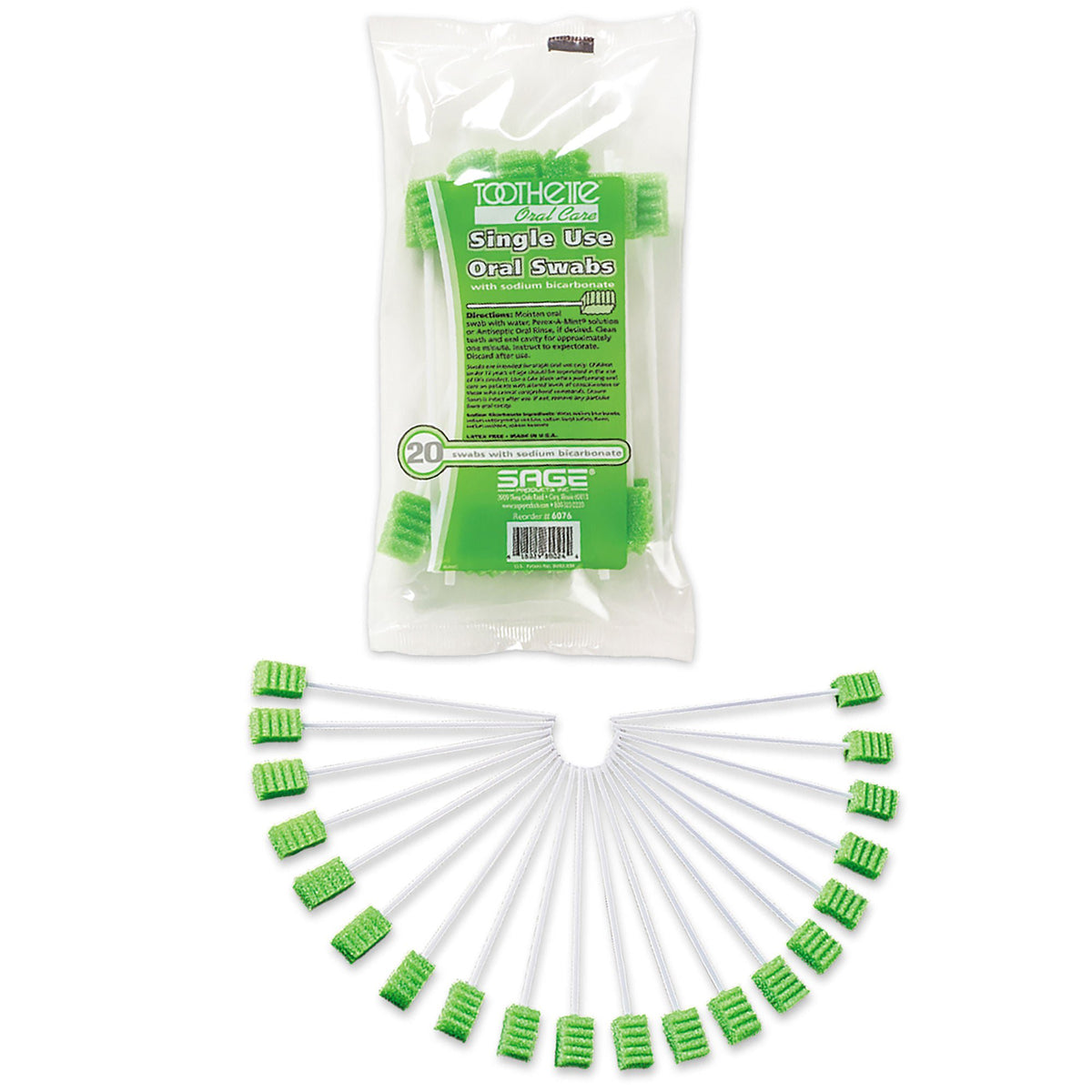 Toothette Plus Oral Swabsticks Foam Tip, Green, 6 Inch, Individually Wrapped — Pack of 20