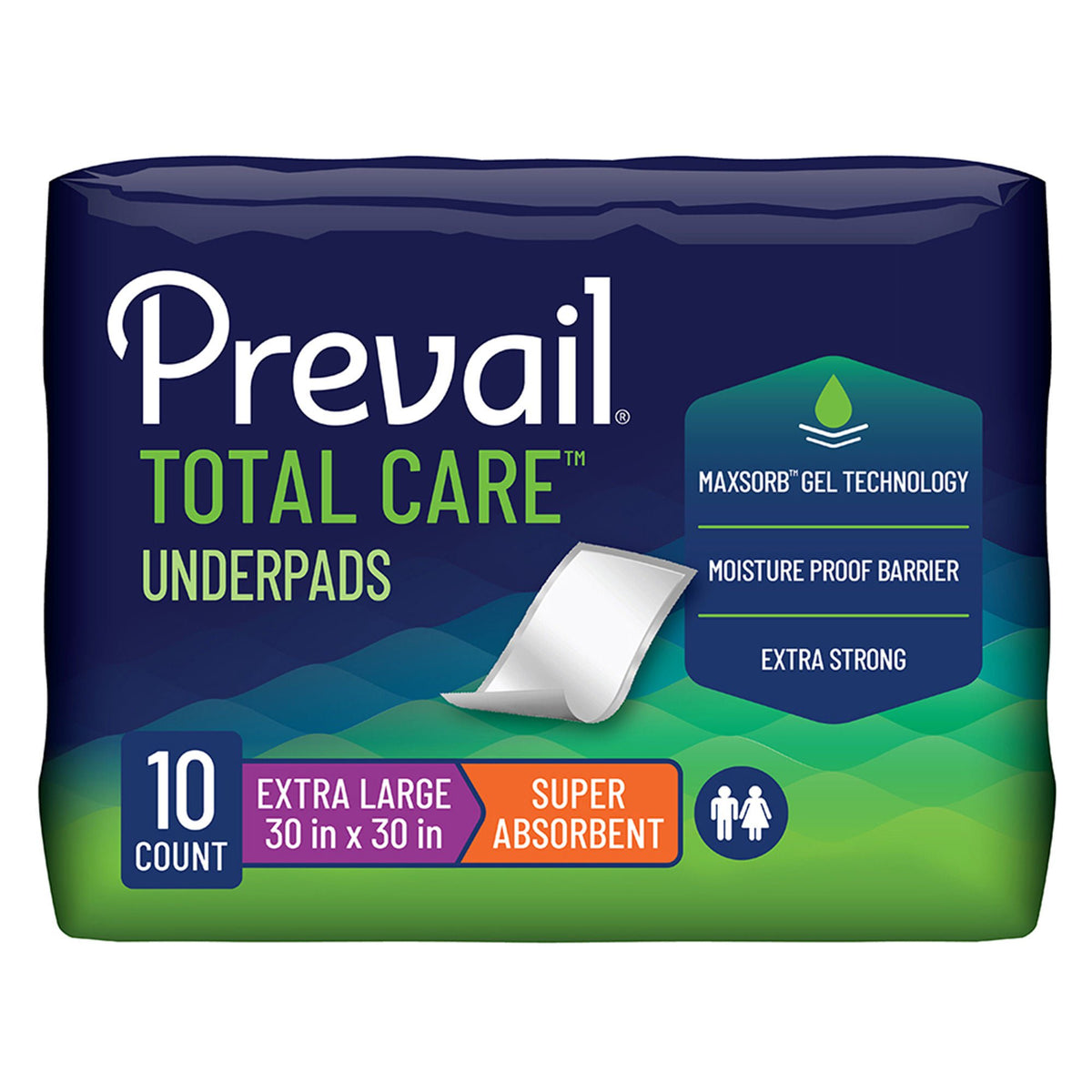 Prevail® Total Care™ Super Absorbent Polymer Underpad, 30 x 30 Inch — Pack of 10