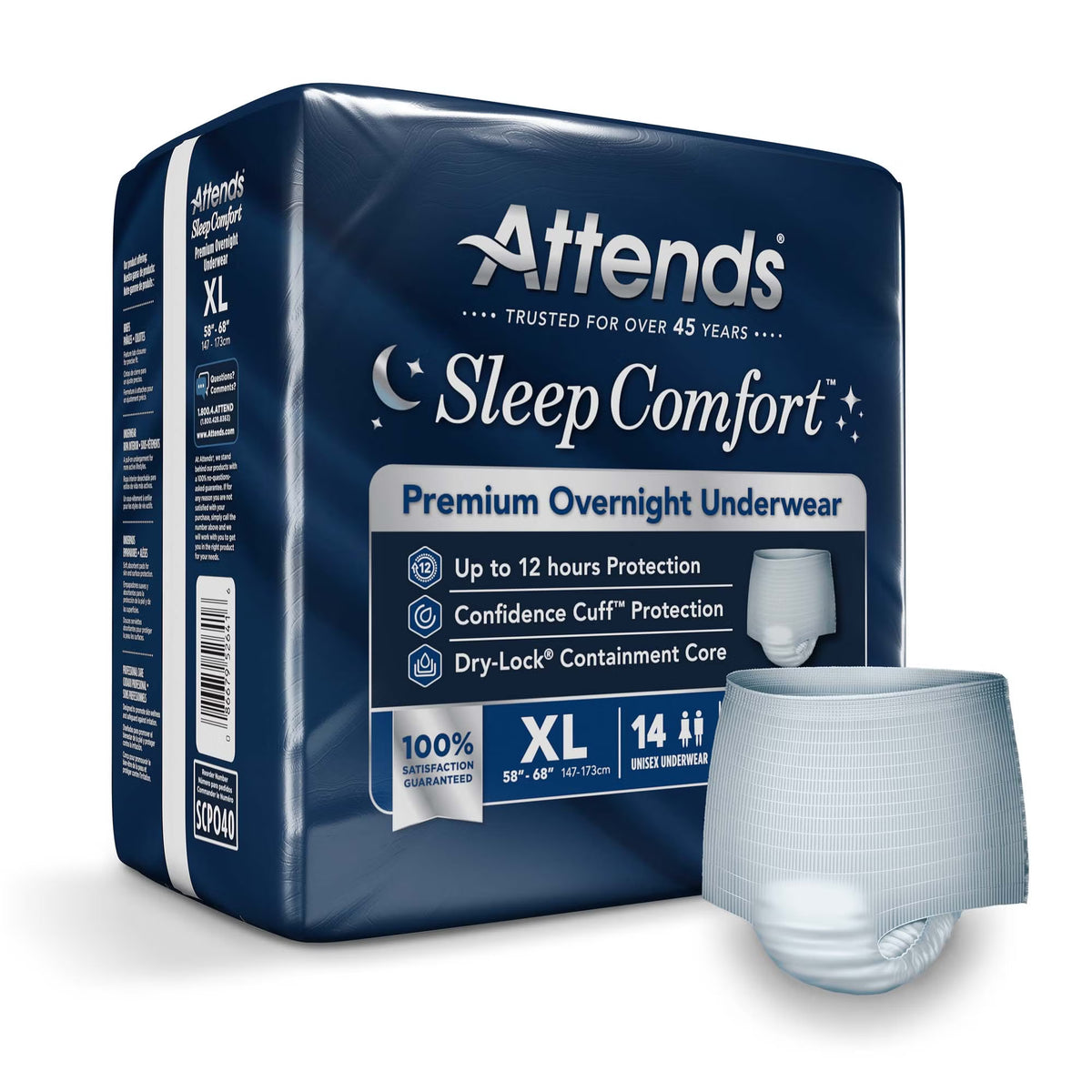 Attends® Sleep Comfort Premium Overnight Underwear, Extra Large, 58 – 68 Inches — Bag of 14