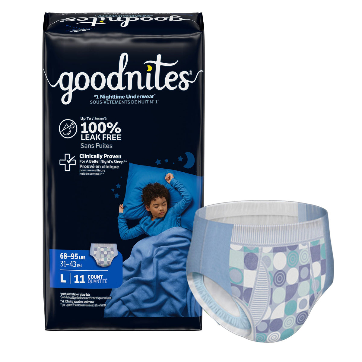 GoodNites® Night Time Underwear, Large for Boys weighing 68 – 95 lbs. — Pack of 11