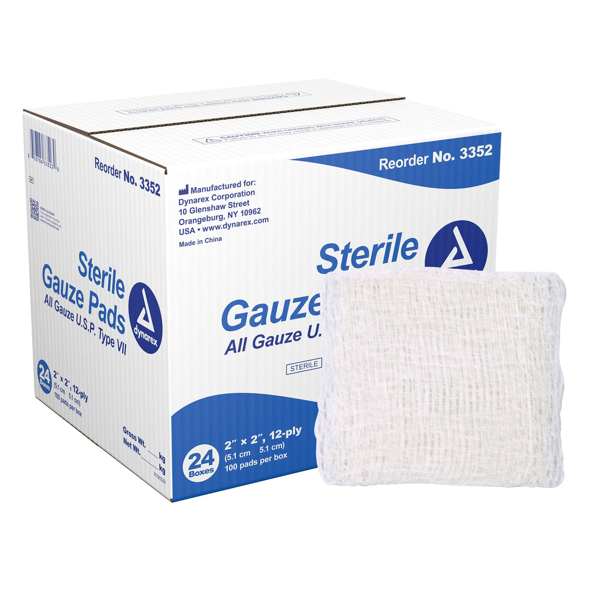 dynarex® Sterile Gauze Sponge, 2 x 2 Inch, 12-Ply — Box of 100