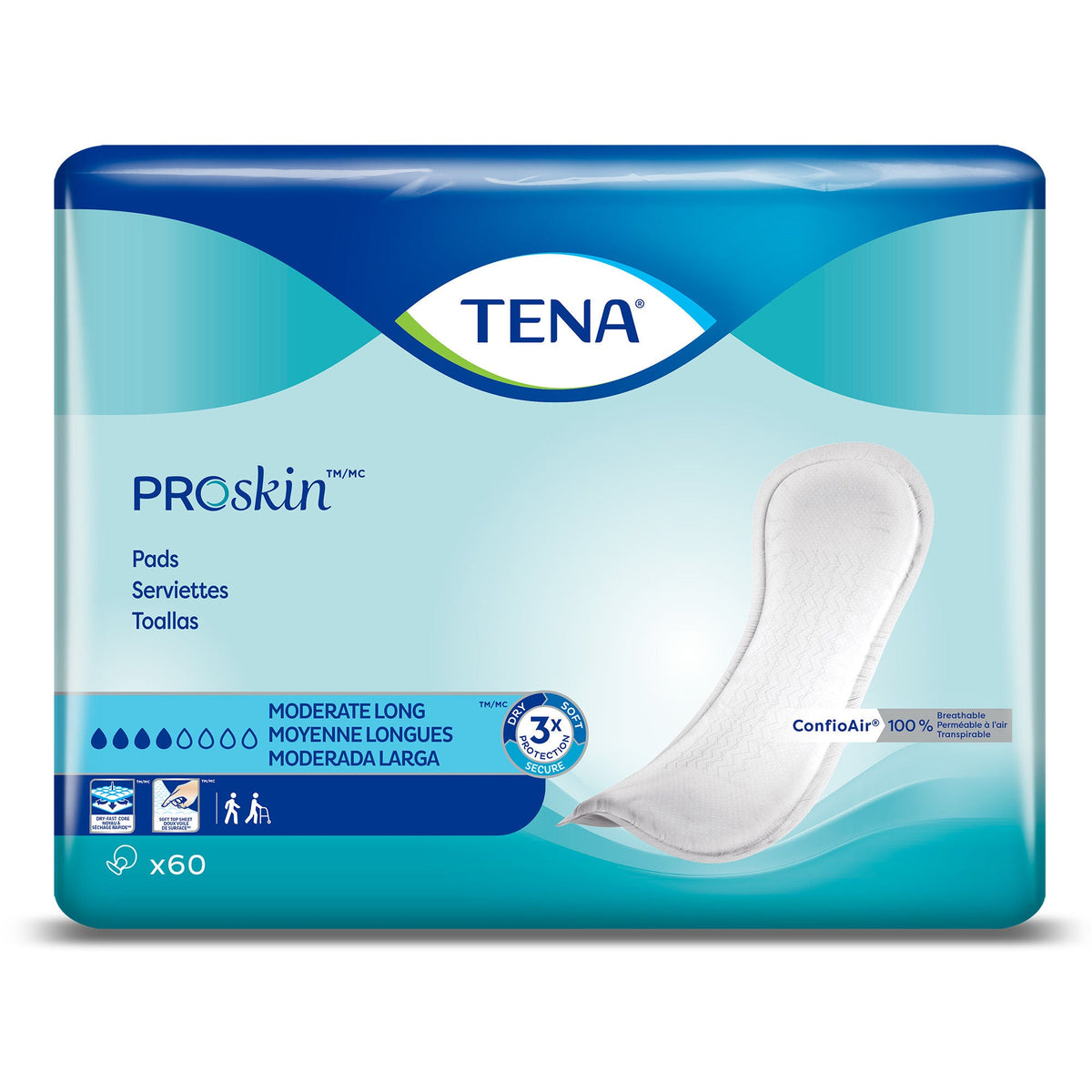 TENA Bladder Control Pads, Moderate Absorbency, Long, 12 Inch, Unisex, White — Bag of 60