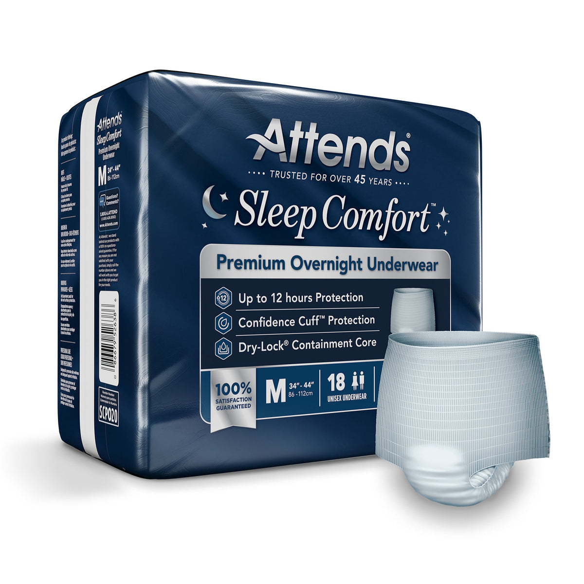 Attends® Sleep Comfort Premium Overnight Underwear, Medium, 24 – 44 Inches — Bag of 18