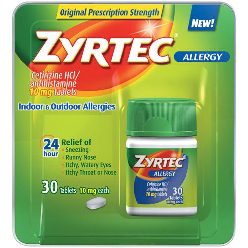 Zyrtec allergy medication packaging with green and orange design