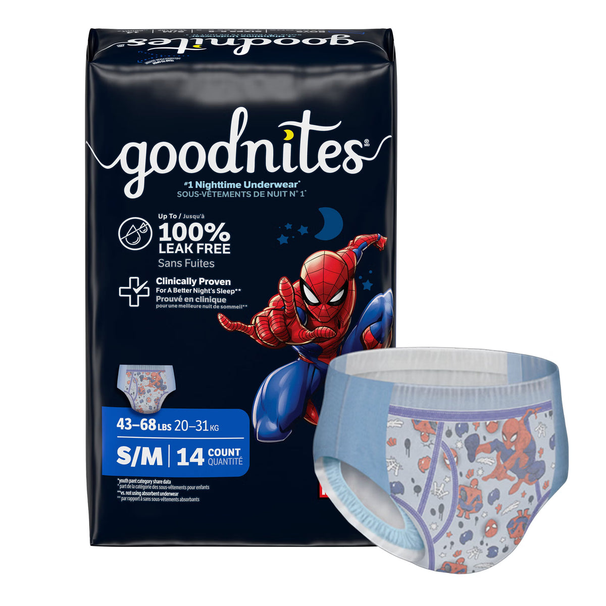 Goodnites® Heavy Absorbency Nighttime Underwear, S/M for Boys 43 – 68 lbs. — Pack of 14