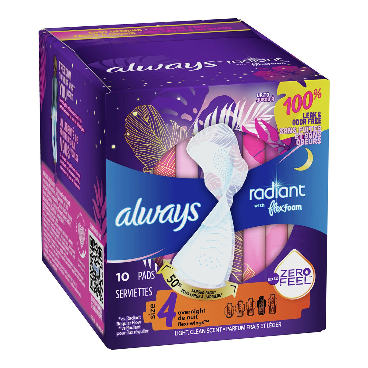 Always® Radiant Overnight Pads, Size 4 — Box of 10