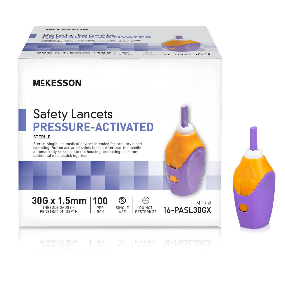 McKesson Pressure Activated Safety Lancets, 30 Gauge, Purple — Case of 2000