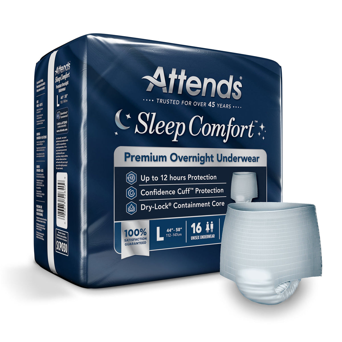 Attends® Sleep Comfort Premium Overnight Underwear, Large, 44 – 58 Inches — Bag of 16
