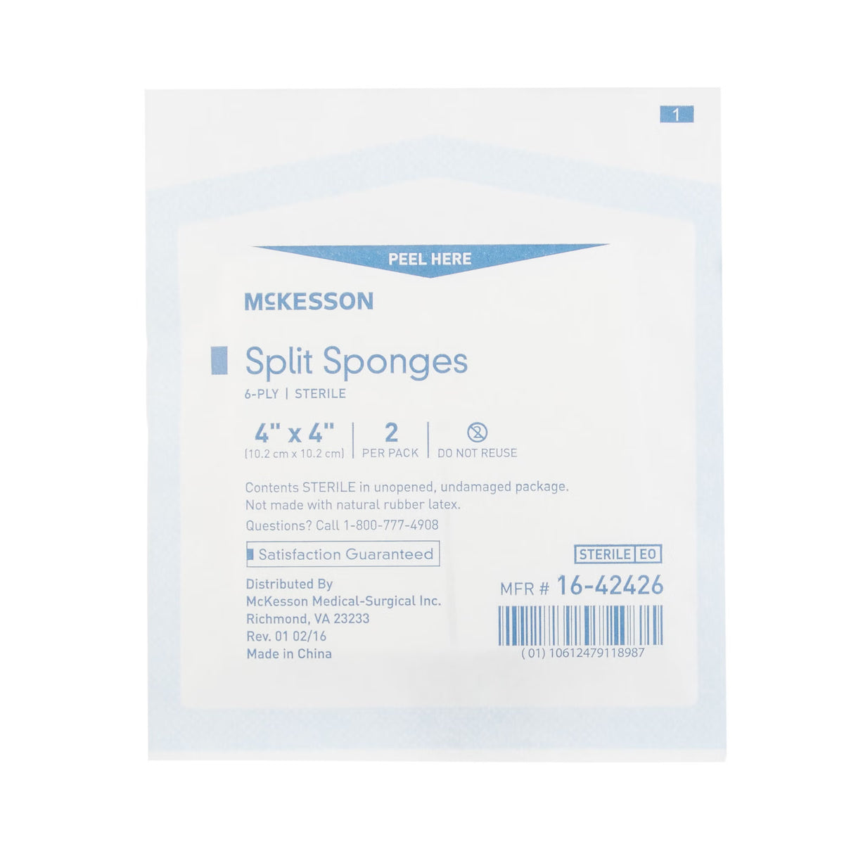 McKesson IV/Drain Split Dressing, 4 x 4 Inch, 6-Ply — Box of 25