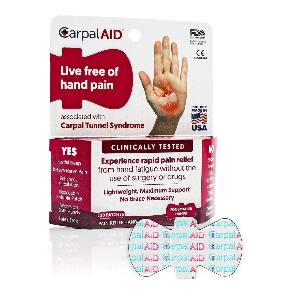 CarpalAid® Patch Hand-Based Carpal Tunnel Support, Small — Pack of 20
