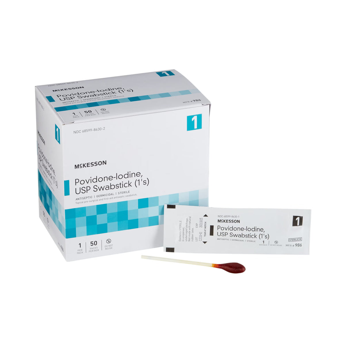 McKesson Impregnated Swabstick, 10% Strength, Povidone Iodine, Individual Packet — Box of 50