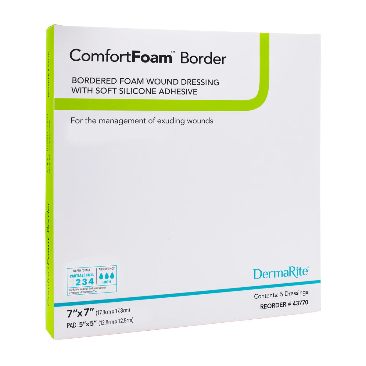 ComfortFoam™ Bordered Foam Wound Dressing w/ Soft Silicone Adhesive, 7 x 7 Inch — Box of 5