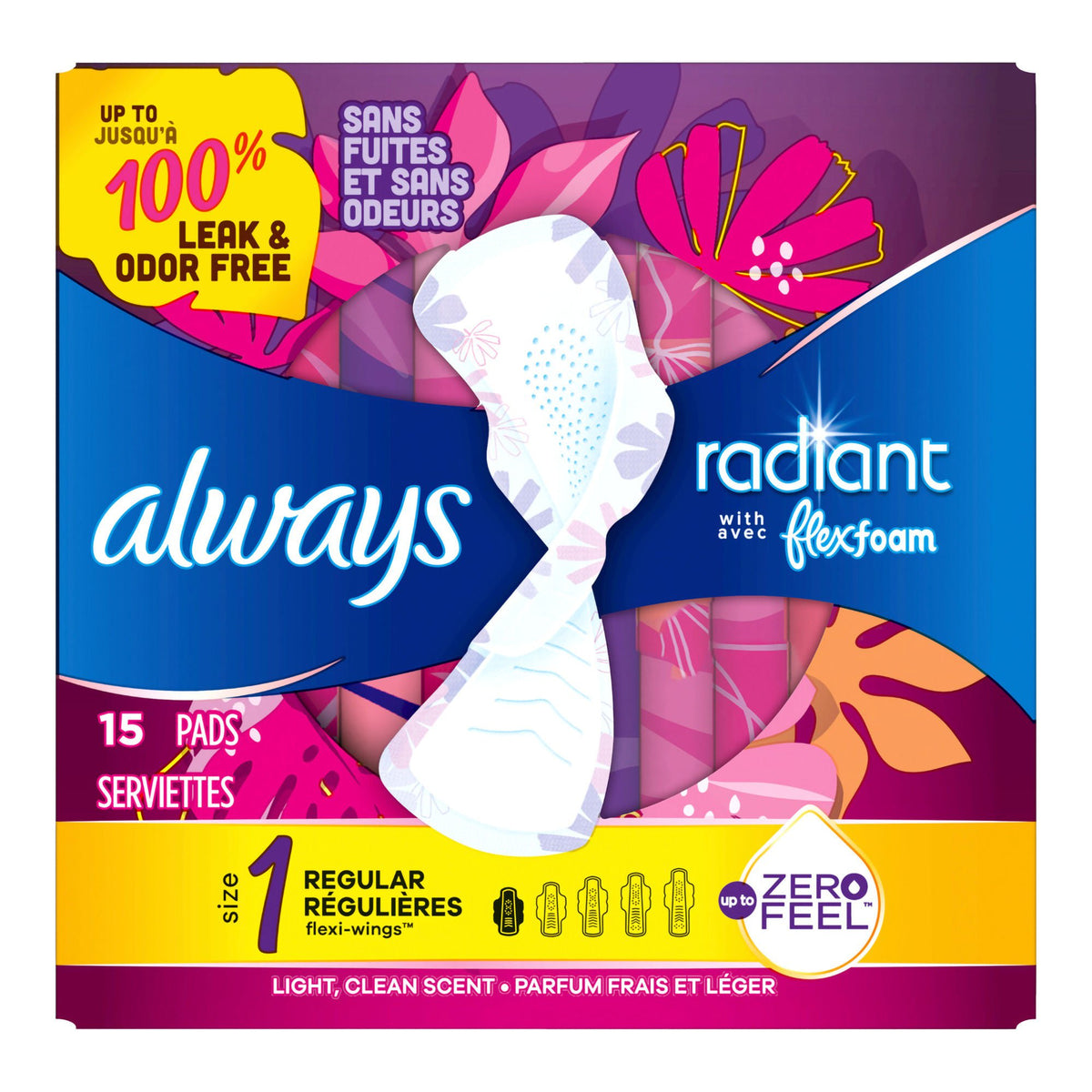 Always® Radiant Regular Pads, Size 1 — Box of 15