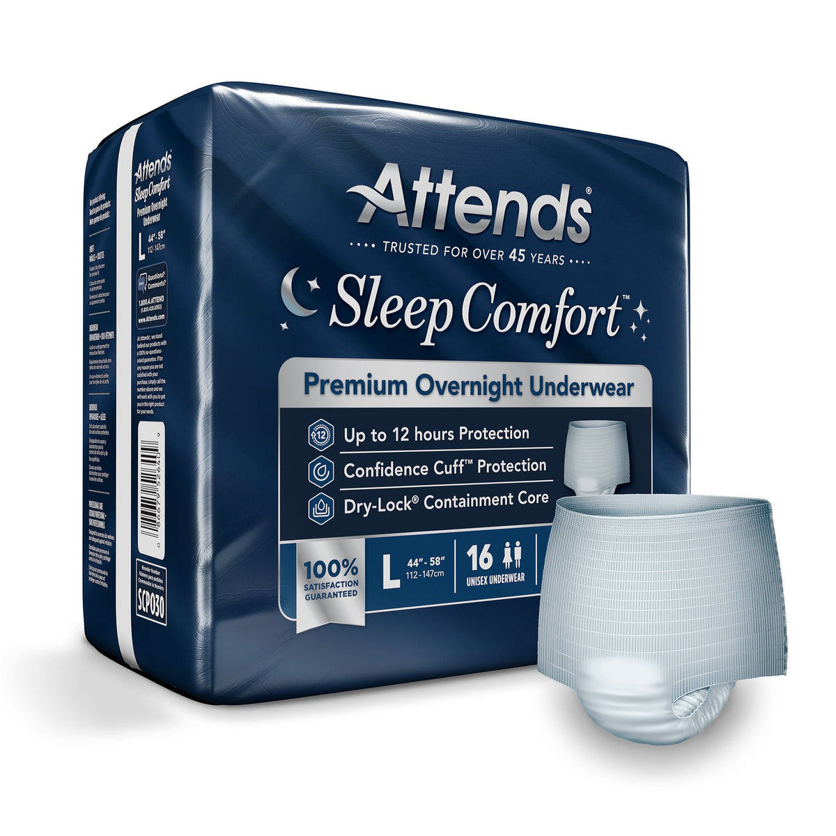 Attends® Sleep Comfort Premium Overnight Underwear, Large, 44 – 58 Inches — Bag of 16