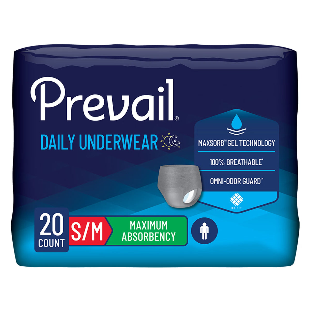 Prevail® Men's Daily Maximum Absorbent Underwear, Small / Medium — Bag of 20
