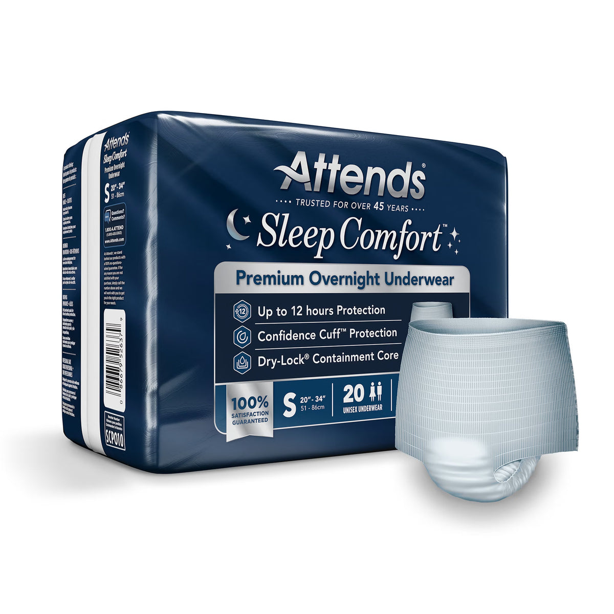 Attends® Sleep Comfort Premium Overnight Underwear, Small, 20 – 34 Inches — Bag of 20