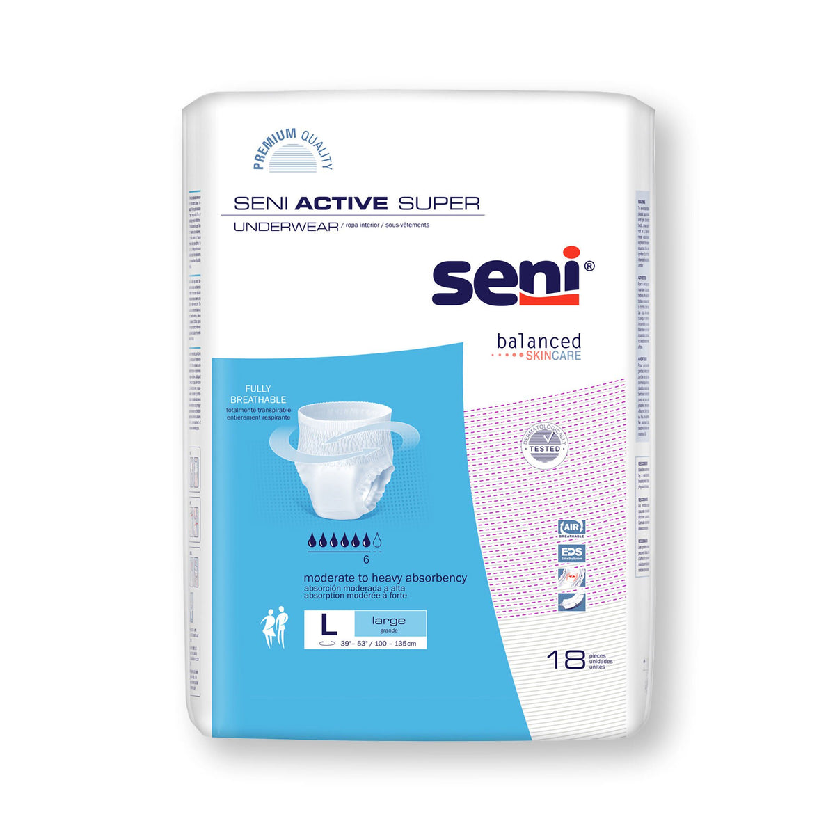 Seni® Active Super Moderate to Heavy Absorbent Underwear, Large — Pack of 18
