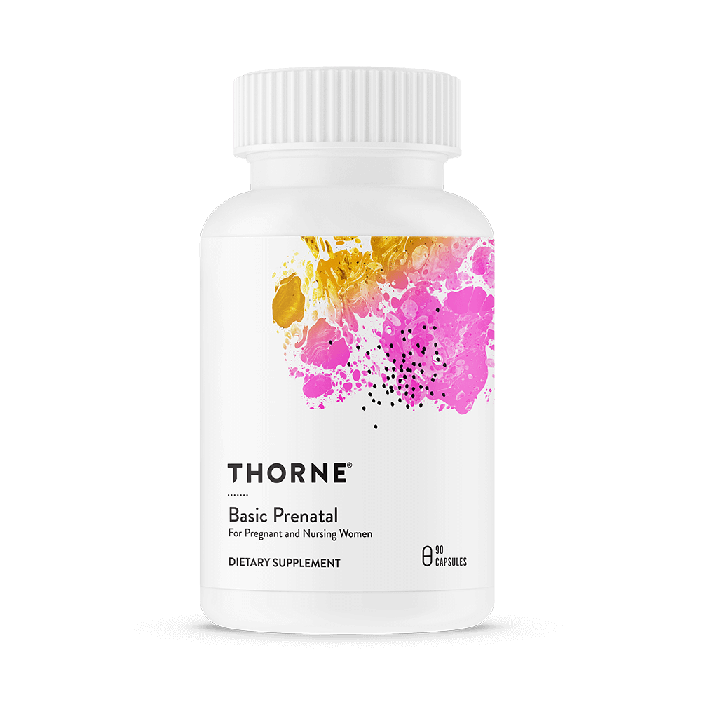 Thorne Basic Prenatal dietary supplement bottle on a white background